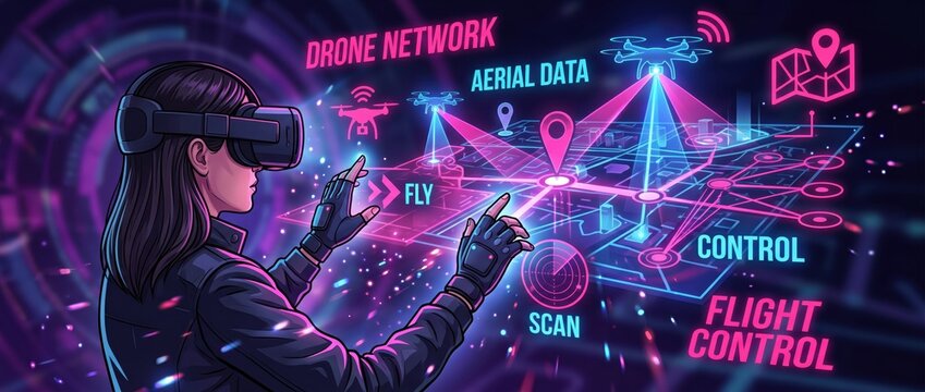Woman in VR headset interacting with holographic drone network and flight control interface