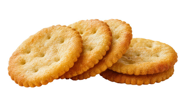Stacked round wheat crackers with holes and golden brown crusts