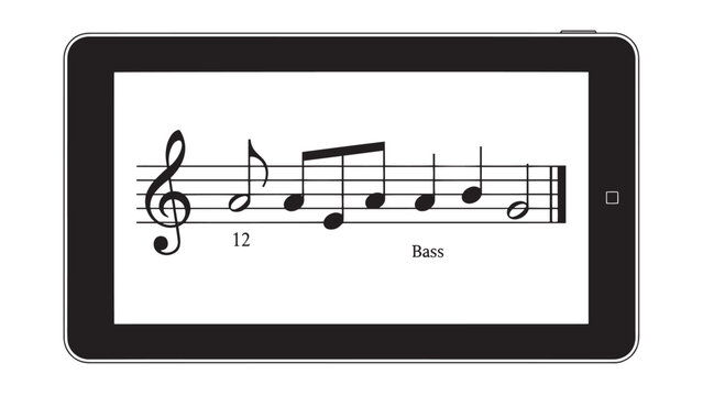 Digital Tablet Displaying Musical Notes and Bass Clef in a Modern Music Practice Setting.