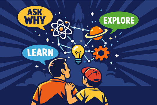 Father and son exploring science, learning, asking why, discovering new ideas