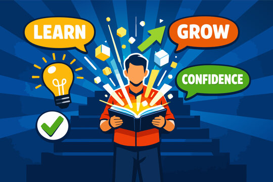 Person learning and growing, gaining confidence and knowledge for self-improvement