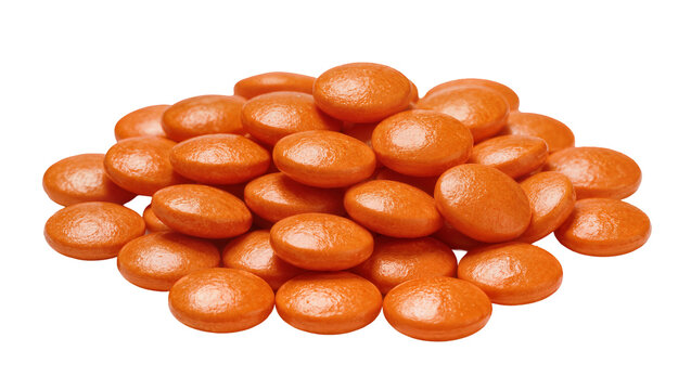 Orange candy coated chocolate pieces in a small pile