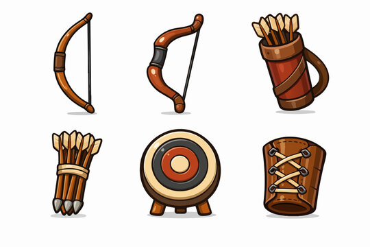 Archery equipment icons set featuring bows, arrows, quiver, target, and bracer