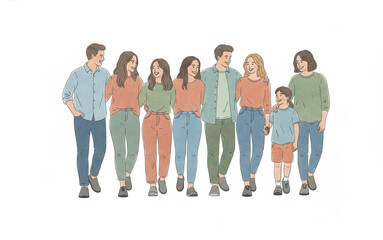 Obraz premium Diverse group of happy people, including adults and a child, walking together in a vibrant illustration, symbolizing family, friendship, and community unity
