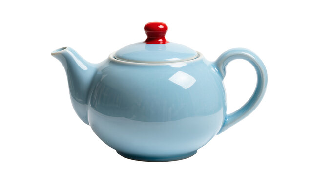 Light blue ceramic teapot with red knob and lid