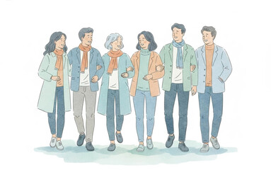 Obraz premium Illustration of a diverse group of people of different ages and genders walking together outdoors, sharing a friendly moment