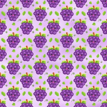 Purple Grape Seamless Pattern with Cute Fruit Illustration