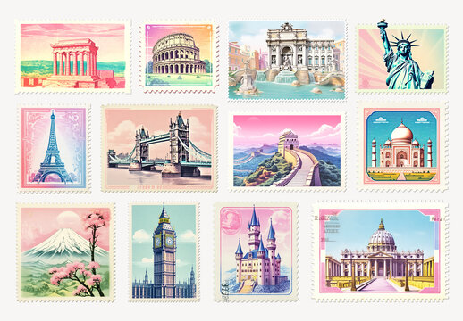 Colorful Stamps Featuring Iconic Landmarks Element Design Set