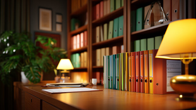 Professional tax advisor office background, organized desk with folders, warm light, bookshelf, video call background
