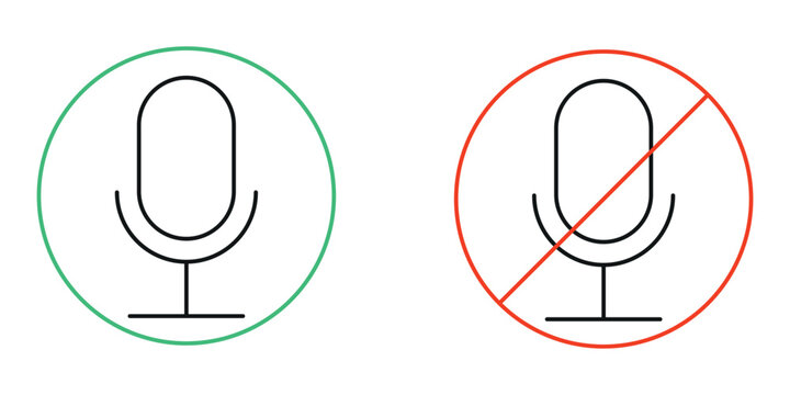 Audio microphone mute and unmute line icons representing sound control for applications and digital interfaces