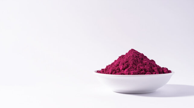 Beetroot powder in a white bowl on white background, copy space