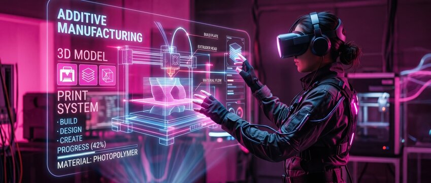 Woman in VR headset interacts with holographic additive manufacturing interface showing 3D printer