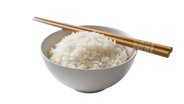 White cooked rice in ceramic bowl with wooden chopsticks