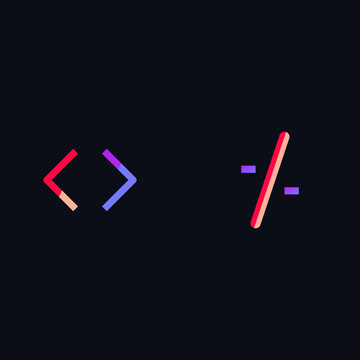 Stylized colorful coding brackets and division symbols on dark background representing software development logic concepts