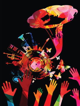 Music background with colorful music instruments and vinyl record disc and hands vector illustration design. Artistic music festival poster, live concert events, party flyer
