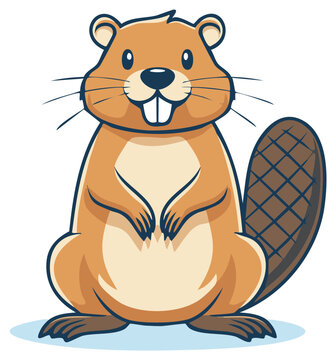 Cute cartoon beaver with big teeth, whiskers and large tail. Vector character.