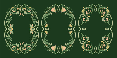 Set of art nouveau frames with floral ornaments and botanical motifs on green background. Vector illustration of elegant vintage borders with decorative curves, wedding invitation, classic book design © klyaksun