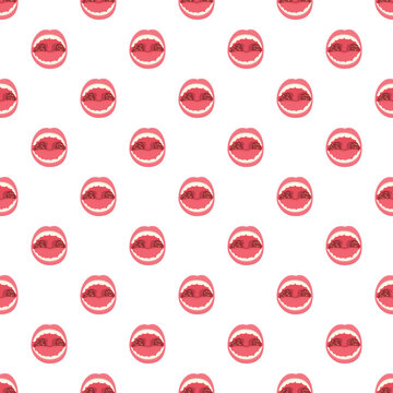 Seamless pattern featuring repeated human mouths with swollen, infected tonsils