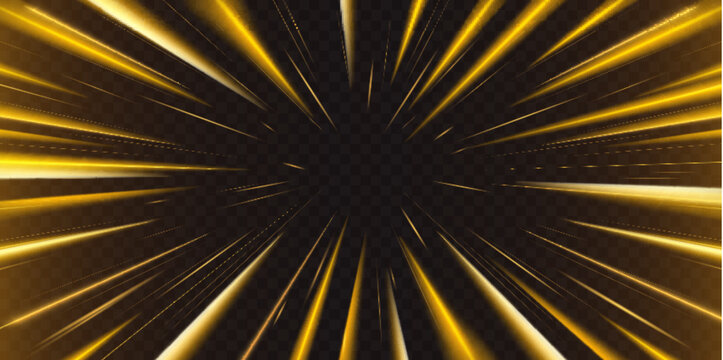 Dynamic light rays burst, radial speed lines with neon golden glow, abstract vector background. Comic book action energy, zoom effect on transparent backdrop. Star explosion prism beams