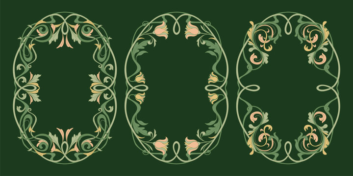 Set of art nouveau frames with floral ornaments and botanical motifs on green background. Vector illustration of elegant vintage borders with decorative curves, wedding invitation, classic book design