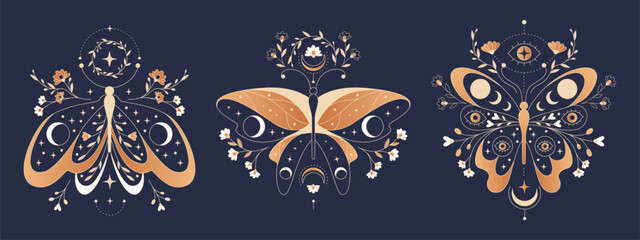 Naklejka premium Celestial moth with moon phases and stars in boho style, vector illustration isolated on black. Mystical butterfly tattoo with eyes on wings, flowers, and esoteric symbols for witchy tarot card design
