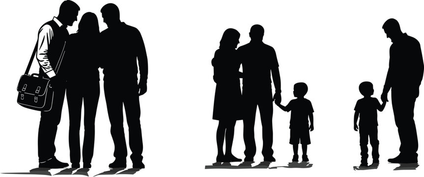 Silhouette illustration of diverse family groups with adults and children holding hands, symbolizing relationships, parenting, and togetherness