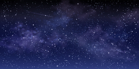 Naklejka premium Starry night sky background with glowing stars, cosmic dust, and blue nebula clouds, abstract vector illustration. Magical space atmosphere, realistic sparkle effect and falling or flying meteor