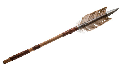 Long wooden spear with feather and leather binding detail © Solene