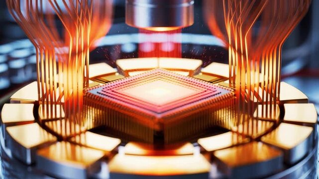 Close-up of a quantum computer processor with intricate gold wiring and metallic components.