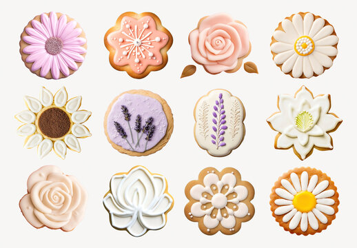 Floral Themed Decorative Cookies Assortment Element Design Set