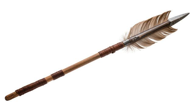 Long wooden spear with feather and leather binding detail