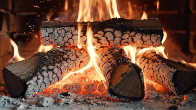 Close up of a warm and cozy fireplace with burning logs.