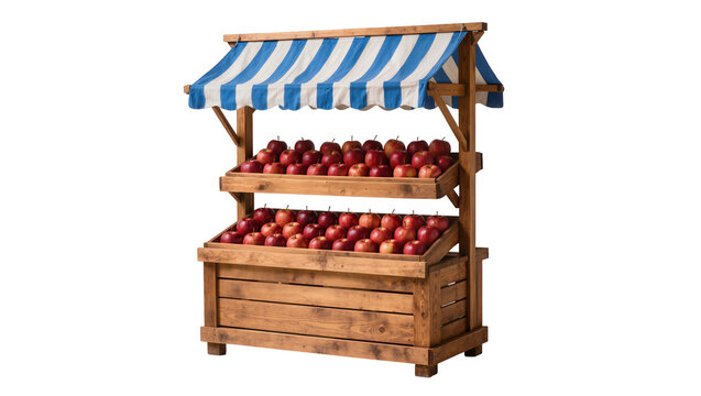 Wooden market stand with red apples and blue striped awning