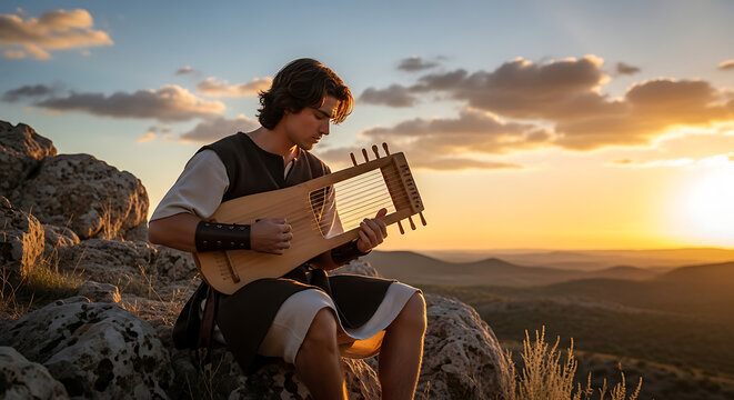 A youthful male figure resembling a biblical monarch or shepherd boy David performing music on an ancient stringed instrument similar to a wooden psaltery or lyre in a historical setting.