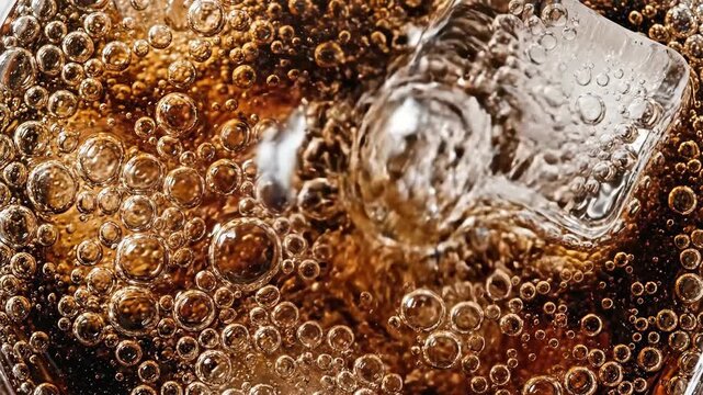 Brown fizzy soda with ice cubes in a glass. Refreshing carbonated drink with bubbles. Cold beverage close up view for summer party menu and liquid commercial.