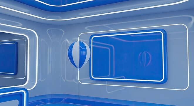 Futuristic Blue and White Studio Interior with Floating Balloon and Glowing Screens