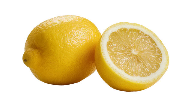 Whole yellow lemon and halved citrus fruit with juicy pulp