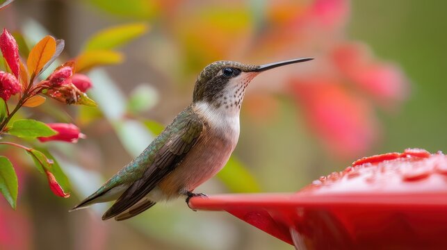 Tiny bird at nectar feeder with green foliage and soft background bokeh
