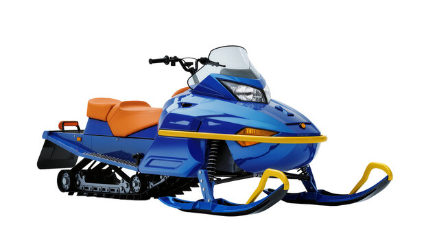 Blue retro snowmobile with orange seat and headlight