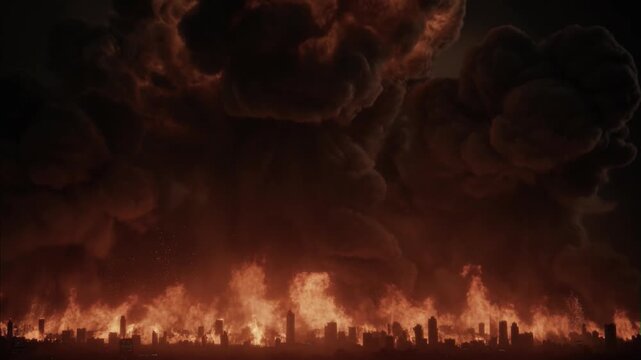 Skyline of city burning with immense explosions and smoke rising into dark sky, aftermath of intense shelling and bombing during period of wartime conflict.