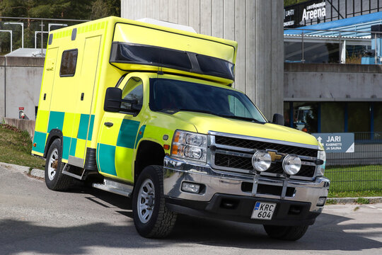 An ambulance based on the Chevrolet Silverado pickup truck is shown at the Classic Motor Show in Lahti, Finland, May 6, 2023
