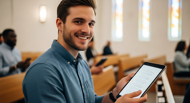 Young Happy Christian Man Holding a Modern Digital Tablet and Smiling Inside a Contemporary Church Interior Focusing on Faith and Technology Integration