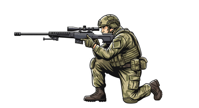 Soldier in combat stance aiming rifle.