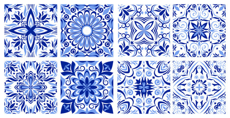 Obraz premium Greek mosaic tile pattern with traditional italian, spanish ornament, abstract vector borders on white background. Blue geometric design, floor or wall portuguese azulejo style, vintage floral motif
