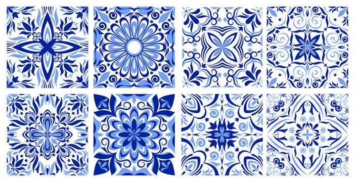 Greek mosaic tile pattern with traditional italian, spanish ornament, abstract vector borders on white background. Blue geometric design, floor or wall portuguese azulejo style, vintage floral motif