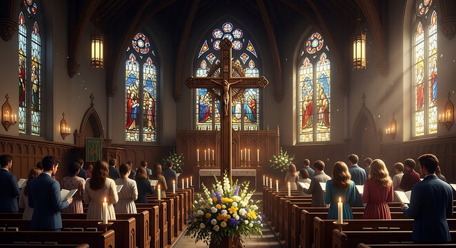 Ornamental timber crucifix adorned with floral blossoms inside a sacred cathedral as a devout religious community gathers for a solemn traditional Easter Sunday morning prayer ceremony.