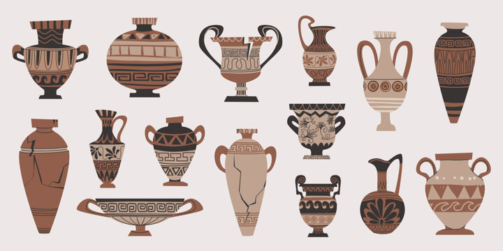 Cracked Greek amphora and ancient pottery set. Flat vector illustration of damaged antique ceramic vessels, decorative urns and traditional vases with vintage ornaments, historical museum exhibits