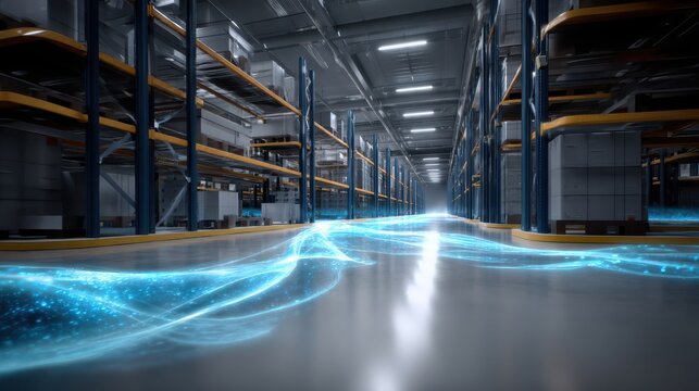 A futuristic warehouse with tall shelves, stacks of boxes, and blue digital light trails indicating advanced logistics and automation technology.