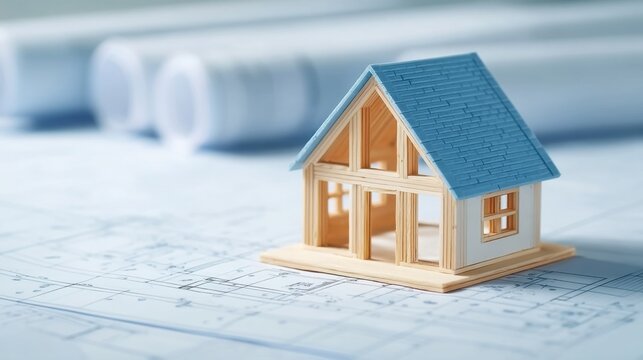 Miniature Wooden House Model on Blueprints with High Angle Shot Capture for Architectural and Construction Projects