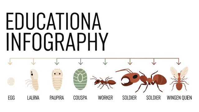 Ant Life Cycle and Colony Castes Educational Infographic, Egg Larva Pupa Worker Soldier Queen Stages Isolated on Transparent Background
